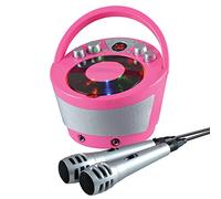 Groov-e - Máquina portátil para Karaoke con Reproductor de CD, reproducción inalámbrica Bluetooth, iluminación de Efecto de Fiesta, micrófono y Control de Voz, 2 micrófonos incluidos, Color Rosa