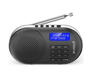 Groov-e Milan - Radio Digital Recargable Dab y FM - Reloj Despertador Integrado y conectividad Bluetooth - Pantalla LCD - Funciona con USB o Pilas - Radio portátil - 60 Estaciones preestablecidas