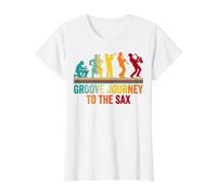 Groove Viaje al Saxofón Retro Musical Evolución Silueta Camiseta gráfica económica, Mujer, Blanco, XL