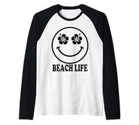 Groovy Beach Life Happy Face Hibiscus Vacaciones de Verano Camiseta Manga Raglan