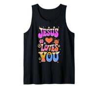 Groovy Hippie Jesus Loves You Retro Vintage Christian Mujer Camiseta sin Mangas