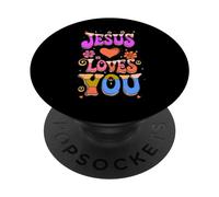 Groovy Hippie Jesus Loves You Retro Vintage Christian Mujer PopSockets PopGrip Adhesivo