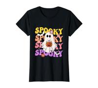 Groovy Spooky Vibes Lindo Fantasma Sosteniendo Calabaza Halloween Camiseta gráfica económica, Mujer, Negro, M