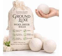 GroundLuxe Bolas secadoras de lana de Nueva Zelanda de alta calidad, 100% orgánicas, fundidas a mano, reutilizables, reducen el tiempo de secado, juego de 6 para suavizar la tela natural, arrugas y