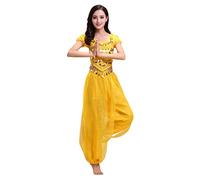Grouptap Bollywood Indio bharatanatyam Danza del Vientre Amarillo Traje de Disfraces de 2 Piezas para Mujer Bailarina Adulta (150-170cm, 30-60kg) (Amarillo)