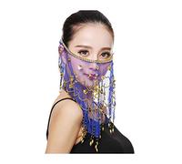 Grouptap danza del vientre traje de la media cara de velo con el trébol de perlas de oro para las mujeres bailarinas árabe egipcio (Azul) (Talla única)