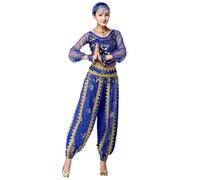 Grouptap Disfraz de Bollywood de 3 piezas para mujer, disfraz de baile folclórico indio árabe de manga larga (parte superior, pantalones, bufanda de cintura), azul, M