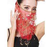 Grouptap Disfraz de velo de media cara para danza del vientre con trébol de cuentas doradas para mujeres y niñas, baile egipcio árabe (rojo)