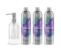 Grove Co. Ultimate - Recambios de jabón para platos (3 x 16 onzas líquidas) + dispensador de jabón de vidrio recargable para fregadero de cocina con funda de silicona antideslizante, productos de