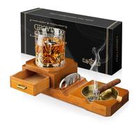 Grovind Juego de cenicero de cigarros con cortador de puros, bandeja de vidrio de whisky y bandeja de cenicero de madera para cigarrillos, accesorios de puros, gran decoración para el hogar, oficina,