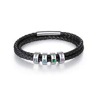 Grovjewfit Pulsera de Cuero para Hombre Personalizada con Piedras de Nacimiento y Grabado de Nombre Cuero Negro Trenzado Acero Inoxidable Regalo para Papá Novio Esposo (4 stone)