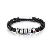 Grovjewfit Pulsera de Cuero para Hombre Personalizada con Piedras de Nacimiento y Grabado de Nombre Cuero Negro Trenzado Acero Inoxidable Regalo para Papá Novio Esposo (5 stone)