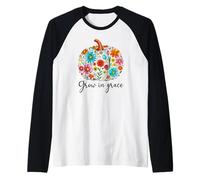 Grow in Grace Christian Pumpkin Floral Fall Bible Verse God Camiseta Manga Raglan