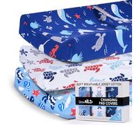 GROW WILD Changing Pad Cover 3 Pack | Soft & Stretchy Jersey Cotton | Baby Changing Table Pad Cover | Diaper Changing Pad Covers for Girls or Boys | Wipeable Sheets | White Blue Turtle Whale Ocean