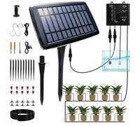GrowBuddy Sistema de riego por goteo de 15 macetas, kit de riego automático solar con tubo de 49 pies y 15 goteadores, temporizador inteligente y alarma de nivel de agua, evita que las plantas se