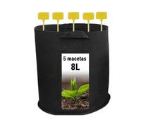 GROWMANIA 5 Bolsas de Cultivo de Tela Negra con Asas - Macetas de 8L de Capacidad para Plantas y Flores Redonda + Etiqueta de Regalo