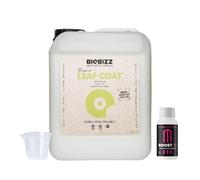 GROWMANIA Leaf Coat de BioBizz 5L + Muestra Boost Up de Up Nutrients + Vaso Medidor | Cobertura Protectora Orgánica para Grandes Jardines | Mejora Durabilidad y Salud Foliar