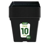 GROWMANIA Pack 10 Macetas Cuadradas para Plantas Negra 25L - Diez Maceteros de Plástico para Flores 33x33x35 cm - Base 25x25