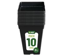 GROWMANIA Pack 10 Macetas Cuadradas para Plantas Negra 3L - Diez Maceteros de Plástico para Flores 14,5x14,5x18,5 cm - Base 10,5x10,5
