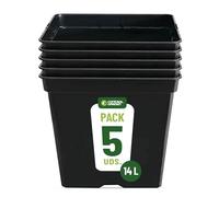 GROWMANIA Pack 5 Macetas Cuadradas para Plantas Negra 14L - Cinco Maceteros de Plástico para Flores