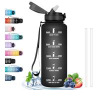 Grsta Botella 1.5 Litros con Pajita, a Prueba de Fugas, Motivacional, Botella Plastico con Marca de Tiempo, Botella de Agua para Gimnasio, Ciclismo, Negro