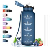 Grsta Botella 1.5 Litros, con Pajita, con Marca de Tiempo, Botella Reutilizable a Prueba de Fugas, Botella Agua Grande, Cantimplora para Senderismo, Deporte, Azul marino