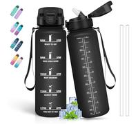 Grsta Botella Agua 1 litro, Agua Gimnasio, A Prueba de Fugas, Reutilizable con Pajita, Fácil de Limpiar, Botella de Agua Deportiva, para la Ciclismo, Senderismo, Correr, Negro