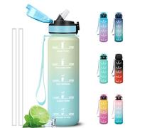 Grsta Botella Agua 1 litro, Botella Agua Gimnasio con Pajita, Diseño de Cerradura, A Prueba de Fugas Cantimplora, con Marcador de Tiempo, Cantimplora para Running, Sport, Deportes