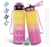 Botella Agua 1 Litro, Botella con Pajita, Fácil de Limpiar, Botella de Agua, A Prueba de Fugas, Marca de Tiempo, Botella Agua Deporte para la Ciclismo, Senderismo, Yoga, Amarillo-Rosa
