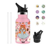 Grsta Botella Agua Acero Inoxidable, 350ml Botella Agua Niños, Sin BPA, Termica a Prueba de Fugas, Personalizada con Pajita, para Agua Caliente, Café, Té, Rosa-Niña