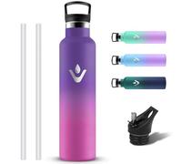 Grsta Botella Agua Acero Inoxidable, Botella Termica 1 litro sin BPA a Prueba de Fugas, Cantimplora Termica con Pajita y Filtro, Reutilizable Termo con 2 Tapones para Bicicleta, Colegio, Gym