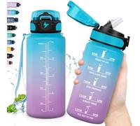 Grsta Botella Agua, Botella Agua Niños con Pajita, Agua 500ml a Prueba de Fugas, Reutilizable, Marca de Tiempo, de Agua Deportiva para la Escuela, Oficina, Gym, Azul-Púrpura