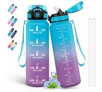Grsta Botella Agua1 litro, Botella Agua Gimnasio, A Prueba de Fugas, Botella Reutilizable con Pajita, Fácil de Limpiar, Botella de Agua Deportiva, para la Ciclismo, Senderismo, Azul-Morado