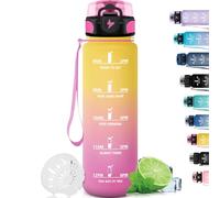 Grsta Botella de Agua Gimnasio con Filtro, 1 Litro a Prueba de Fugas, Reutilizable para Hombres y Mujeres, Cantimplora para Senderismo, Yoga, Correr, Amarillo-Rosa