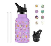 Grsta Botella de agua para niños, 350 ml, termo, metal, sin BPA, botella de agua con pajita, fácil de llevar, botellas para agua, café, té, leche, morado