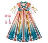 Grtheenumb Vestido Chino para niñas, Vestido Tradicional Chino, Mulan para niñas, con Bordado y Pinza para el Cabello a Juego, Degradado Azul champán, 160 cm