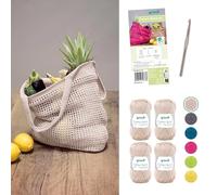 Gründl Cotton Quick Uni - Kit de lana para ganchillo (4 x 50 g/125 m, 100% algodón) + aguja de ganchillo + instrucciones (idioma español no garantizado)