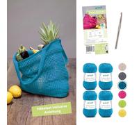 Gründl Cotton Quick Uni - Kit de lana para ganchillo (4 x 50 g/125 m, 100% algodón) + aguja de ganchillo + instrucciones (idioma español no garantizado), color azul