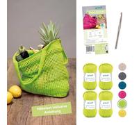 Gründl Cotton Quick Uni - Kit de lana para ganchillo (4 x 50 g/125 m, 100% algodón) + aguja de ganchillo + instrucciones (idioma español no garantizado), color verde claro