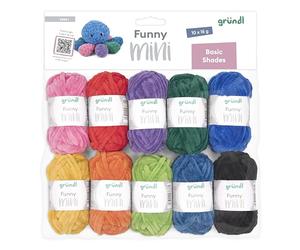 Gründl Funny Mini Basic Shades 10 x 15 g, juego de punto de hilo de chenilla 100% poliéster, mini ovillos