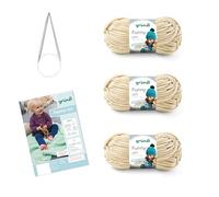 Gründl Lana Funny Uni - Suave lana de chenilla con aguja e instrucciones para una manta de bebé - Suave y agradable para la piel - 100% poliéster - 3 ovillos 100 g/120 m - Grosor de aguja 5 - 6, beige