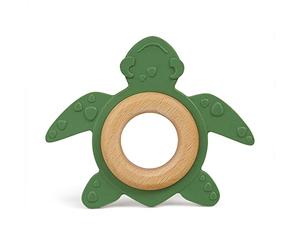GRÜNSPECHT Mordedor orgánico de caucho natural con anillo de madera, ayuda dental y juguete, masajea las encías, libre de BPA, promueve las habilidades motoras finas, tortuga, verde (689-00)