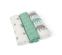 GRÜNSPECHT Toallitas de cuidado y lavado, 30 x 30 cm, 100% algodón, paños para eructos, sin blanqueadores ópticos, hipoalergénicas y absorbentes, 6 unidades, verde, estrellas, elefantes (1501-V4)