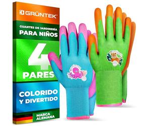 GRÜNTEK Guantes de Jardinería para Niños y Niñas- Talla 6 (XS) - Juego de 4 pares - Testado y Certificado según EN 420 & EN 388 - Revestimiento de espuma de Látex