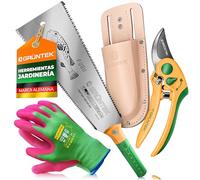 GRÜNTEK Juego de 4 Herramientas de Jardín: Tijeras de podar + Sierra Japonesa 300mm + Funda de Cuero para Tijera + 1 Par de Guantes de Jardinería L/9 en bambú. Idea de regalo para hombres y mujeres