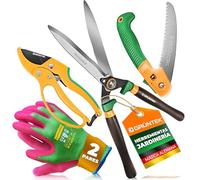 GRÜNTEK KIT DE 4 HERRAMIENTAS DE JARDÍN - Tjeras Cortasetos, Tijera de Poda, Sierra de Poda Plegable, Guantes de jardinería de bambú L/9 (2 pares). Idea Regalo para Hombres y Mujeres