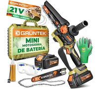 GRÜNTEK Mini Motosierra a Batería 21V Brushless. Motosierra Eléctrica1050 W - Kit Completo con 2 Baterías 3,0 Ah, 2 Cadenas, Lubricación Automática y Maletín - Corte hasta Ø 20 cm