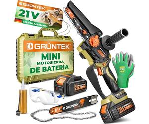 GRÜNTEK Mini Motosierra a Batería 21V Brushless. Motosierra Eléctrica1050 W - Kit Completo con 2 Baterías 3,0 Ah, 2 Cadenas, Lubricación Automática y Maletín - Corte hasta Ø 20 cm