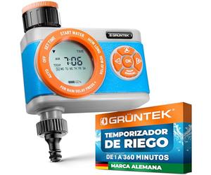 GRÜNTEK Programador de Riego Jardín con Temporizador Automático - Aspersor con Programa multifunción y duración de 1 a 360 min. Gris, naranja, Azul