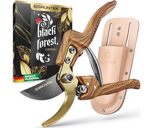 GRÜNTEK Tijera de Podar Profesional Premium Bypass 210 mm. Tijera de Jardín con Funda de Cuero genuino, hoja de titanio antiadherente SK5, mango ergonómico con diseño de madera natural.